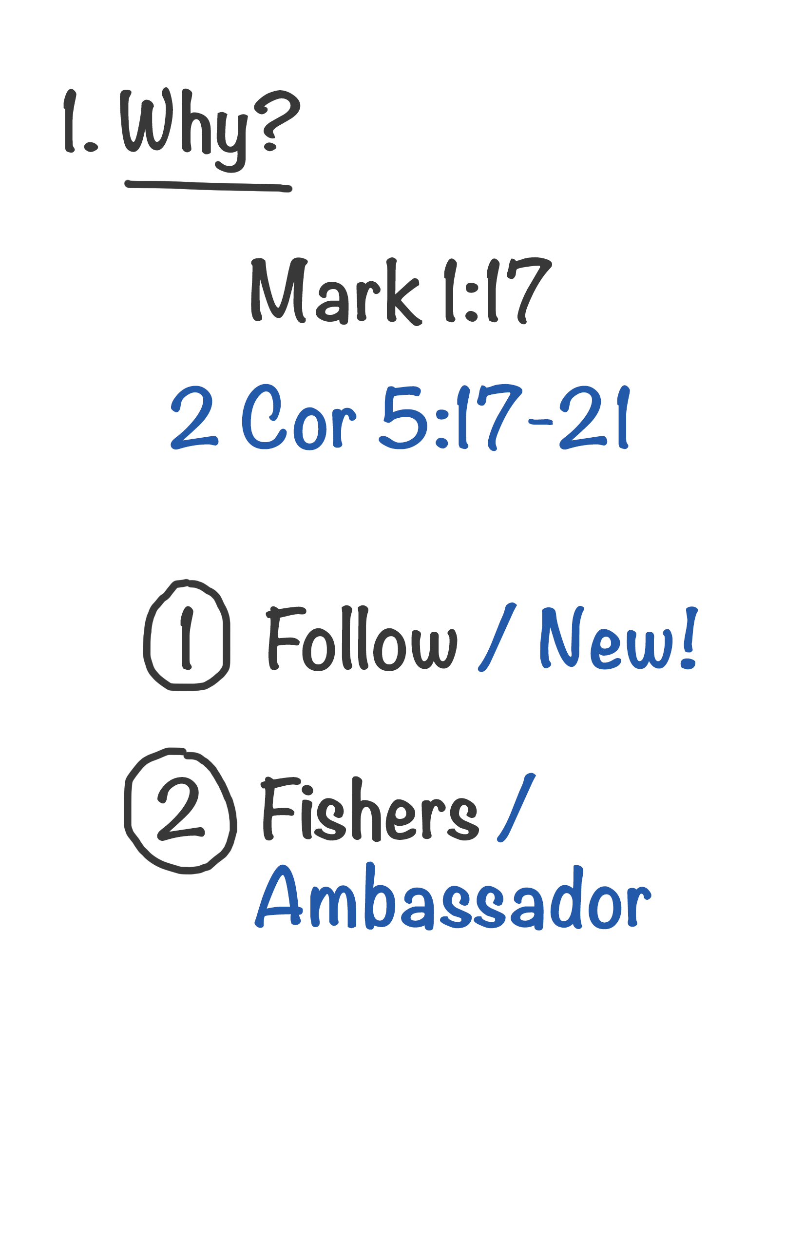 Why? Mark 1:17. Follow. Fishers. 2 Corinthians 5:17–21. New. Ambassador.